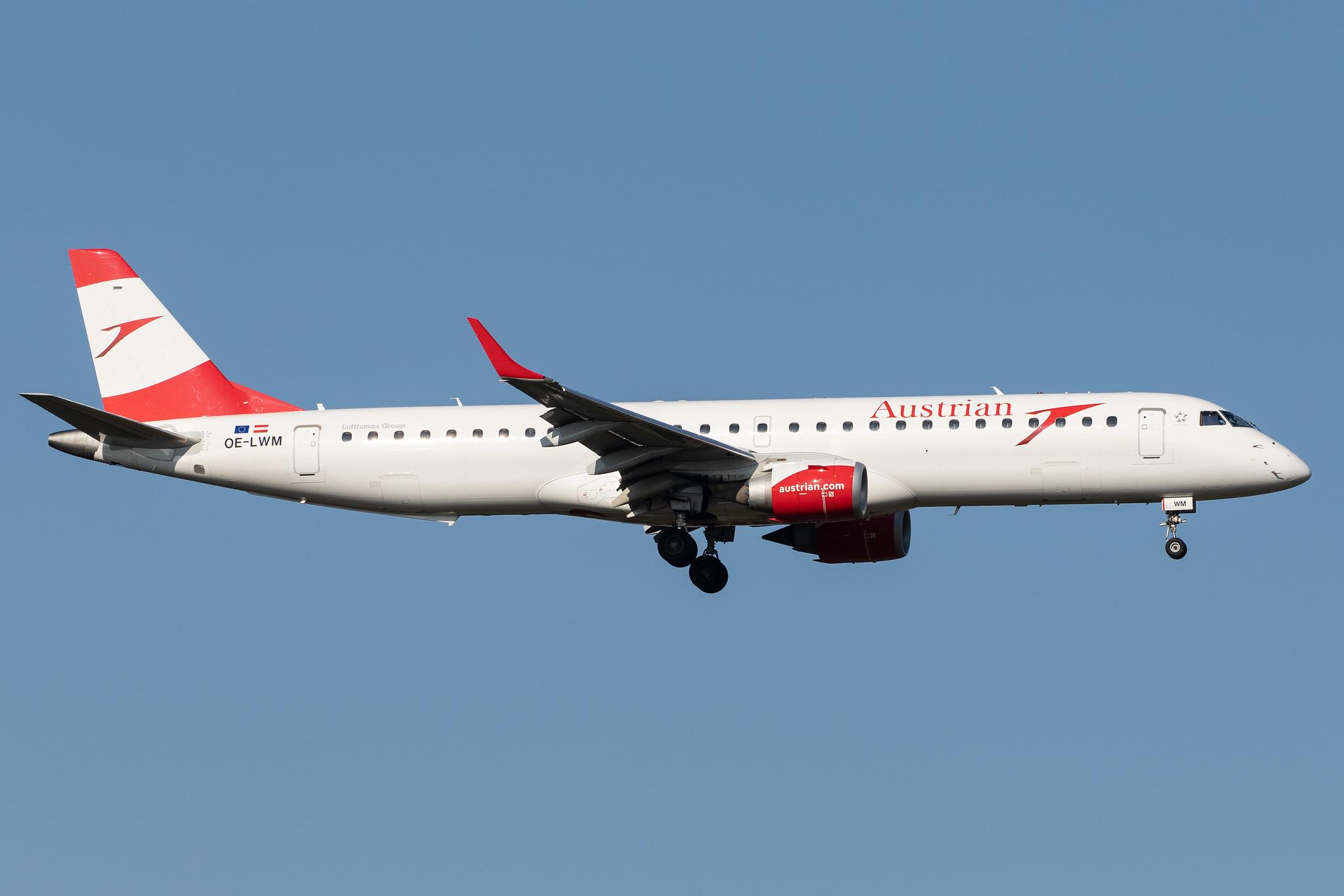 Frankfurt Airport: Austrian Airlines (OS / AUA) |  Embraer ERJ-195LR E195 | OE-LWM | MSN 19000542