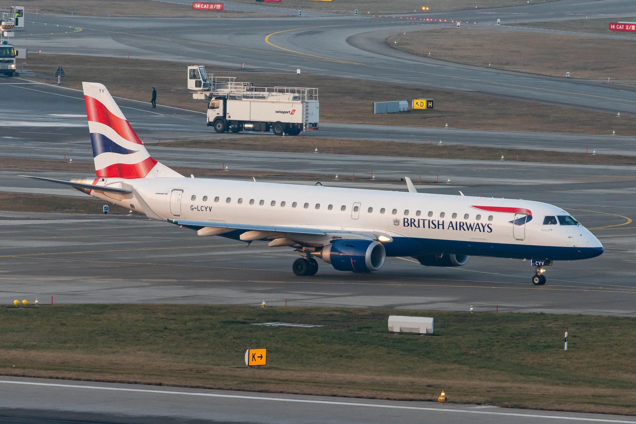 Flughafen Zürich: British Airways (BA / BAW) | Operator: BA CityFlyer |  Embraer E190SR E190 | G-LCYV | MSN 19000255