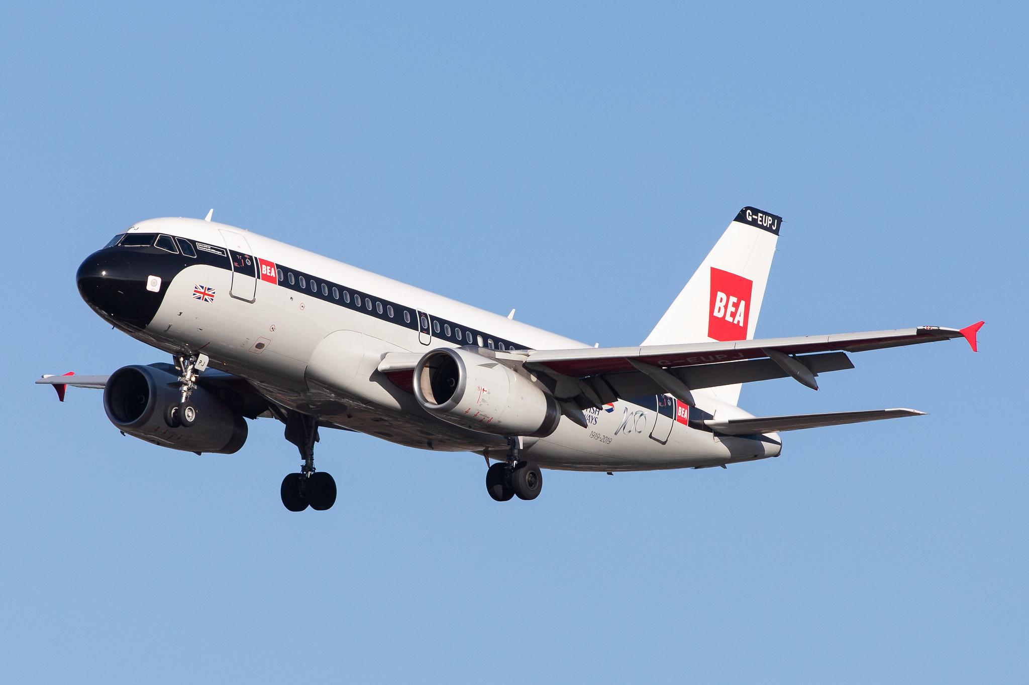 London Heathrow Airport: British Airways (BA / BAW) |  Livery: BEA Retro Livery |  Airbus A319-131 A319 | G-EUPJ | MSN 1232