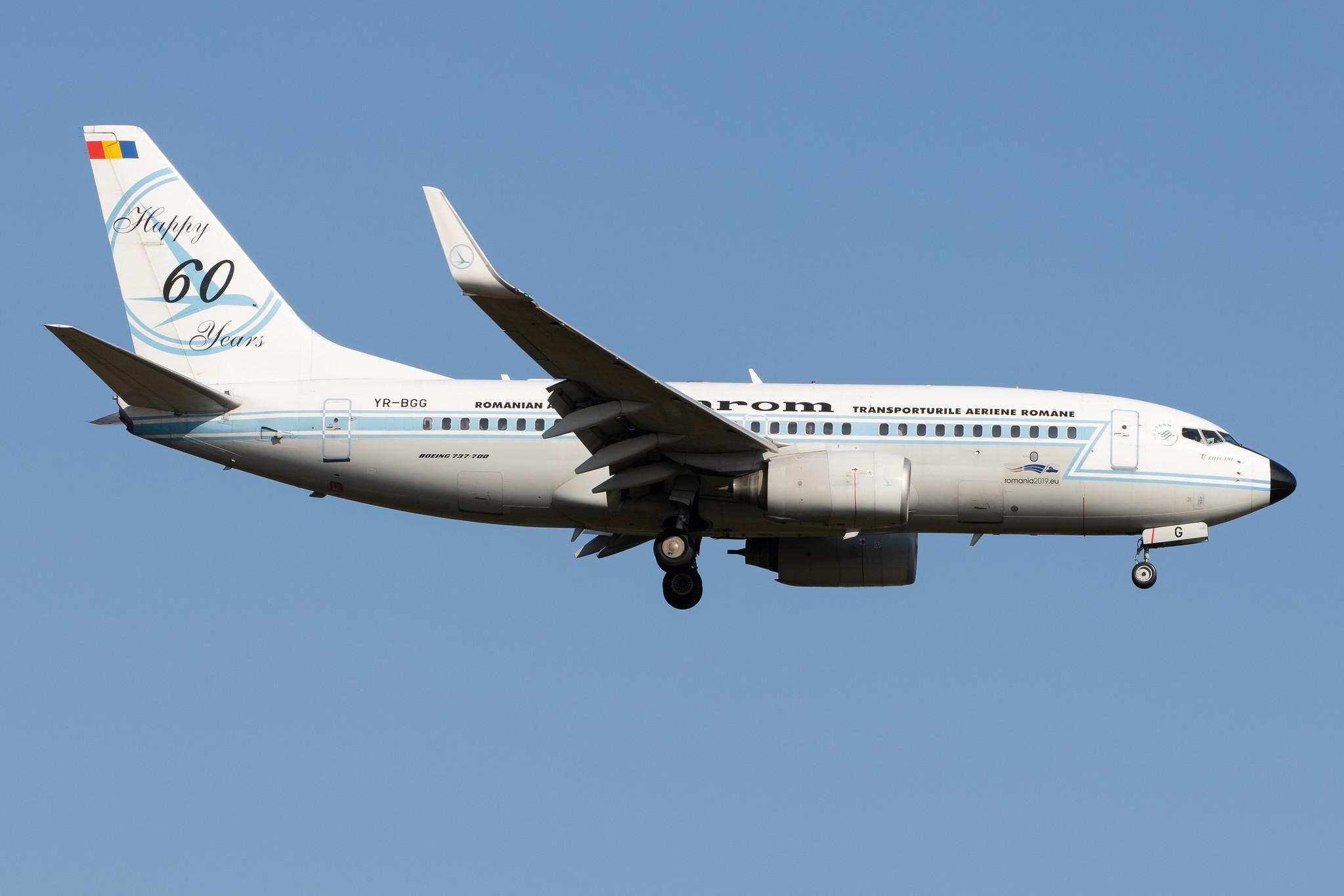 Frankfurt Airport: Tarom (RO / ROT) |  Livery: Happy 60 years Livery |  Boeing 737-78J B737 | YR-BGG | MSN 28442