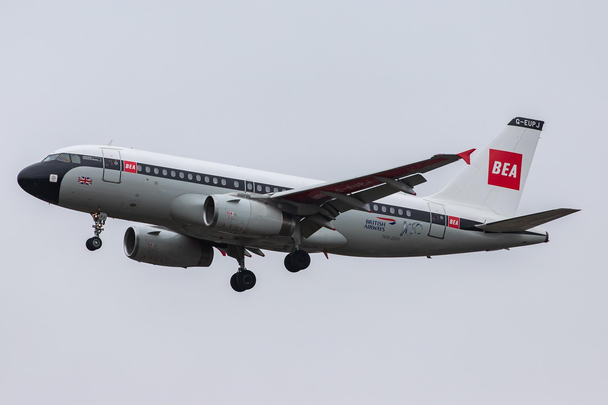 London Heathrow Airport: British Airways (BA / BAW) |  Livery: BEA Retro Livery |  Airbus A319-131 A319 | G-EUPJ | MSN 1232