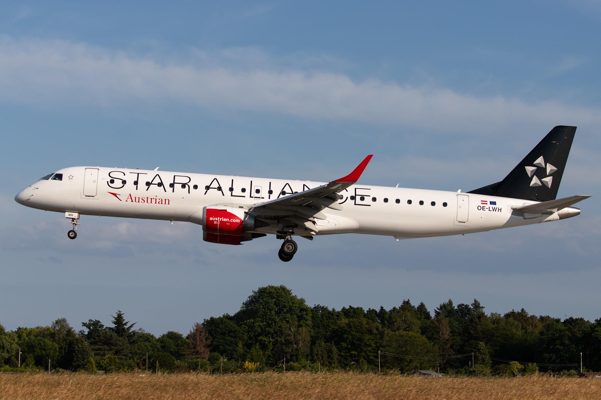 Hamburg Airport: Austrian Airlines (OS / AUA) |  Livery: Star Alliance Livery |  Embraer E195LR E195 | OE-LWH | MSN 19000486