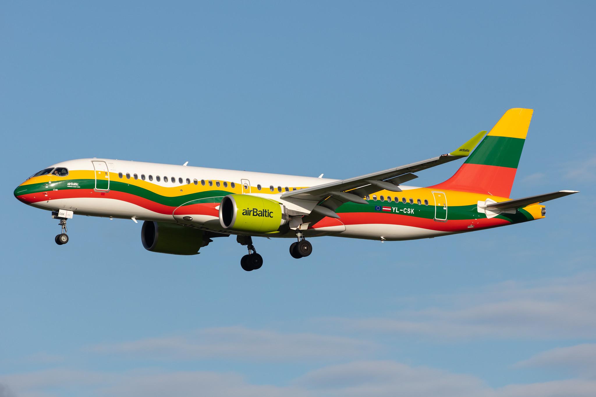 Amsterdam Airport Schiphol: Air Baltic (BT / BTI) |  Livery: Lithuanian Flag Livery |  Airbus A220-300 BCS3 | YL-CSK | MSN 55039
