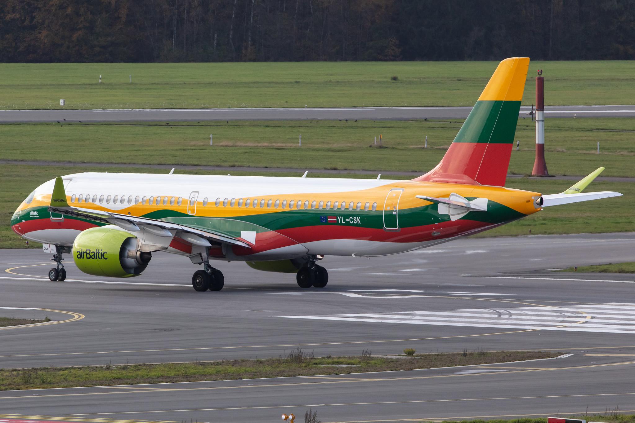 Hamburg Airport: Air Baltic (BT / BTI) |  Livery: Lithuanian Flag Livery |  Airbus A220-300 BCS3 | YL-CSK | MSN 55039