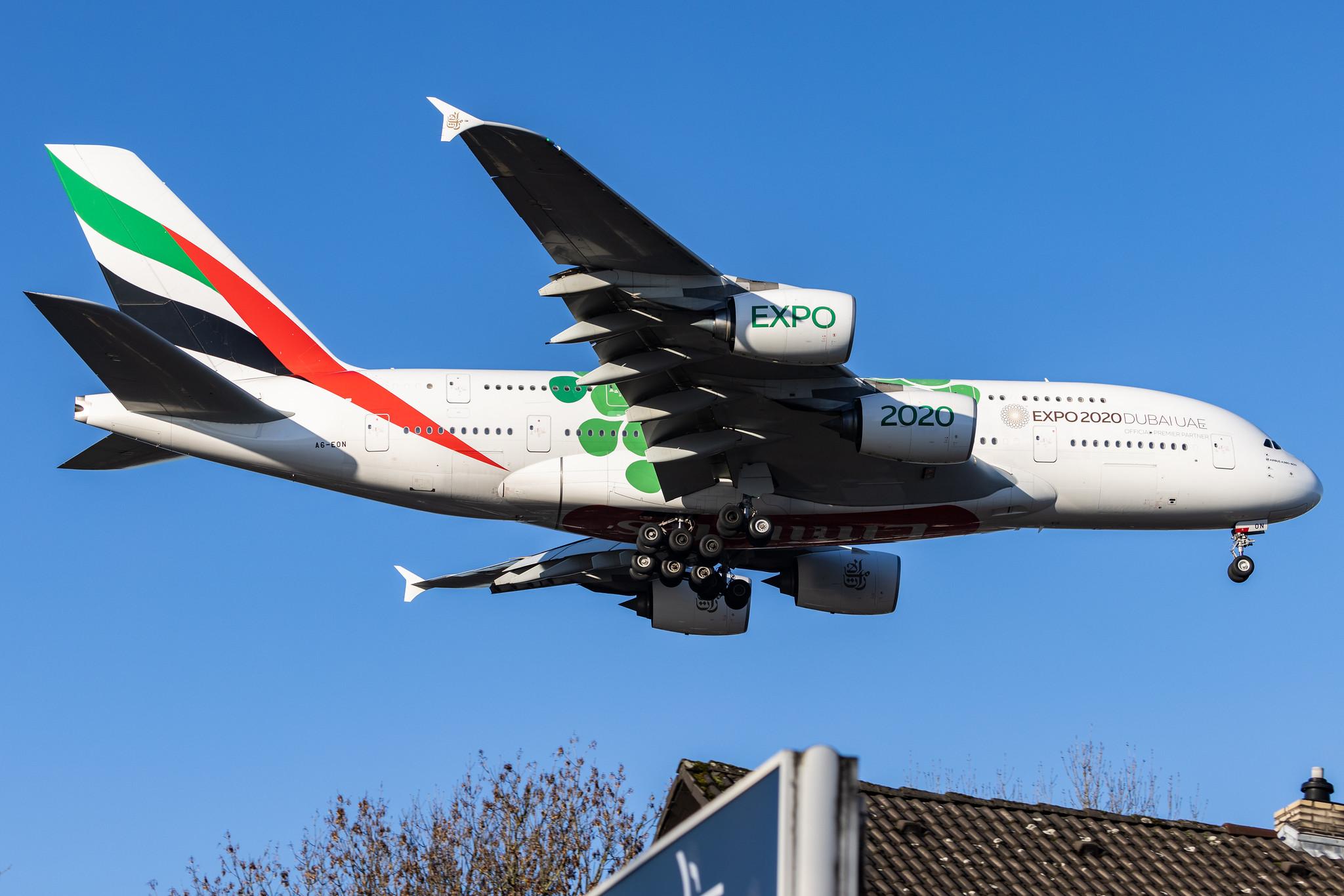 Hamburg Airport: Emirates (EK / UAE) |  Livery: Expo 2020 - Sustainability Livery |  Airbus A380-861 A388 | A6-EON | MSN 188