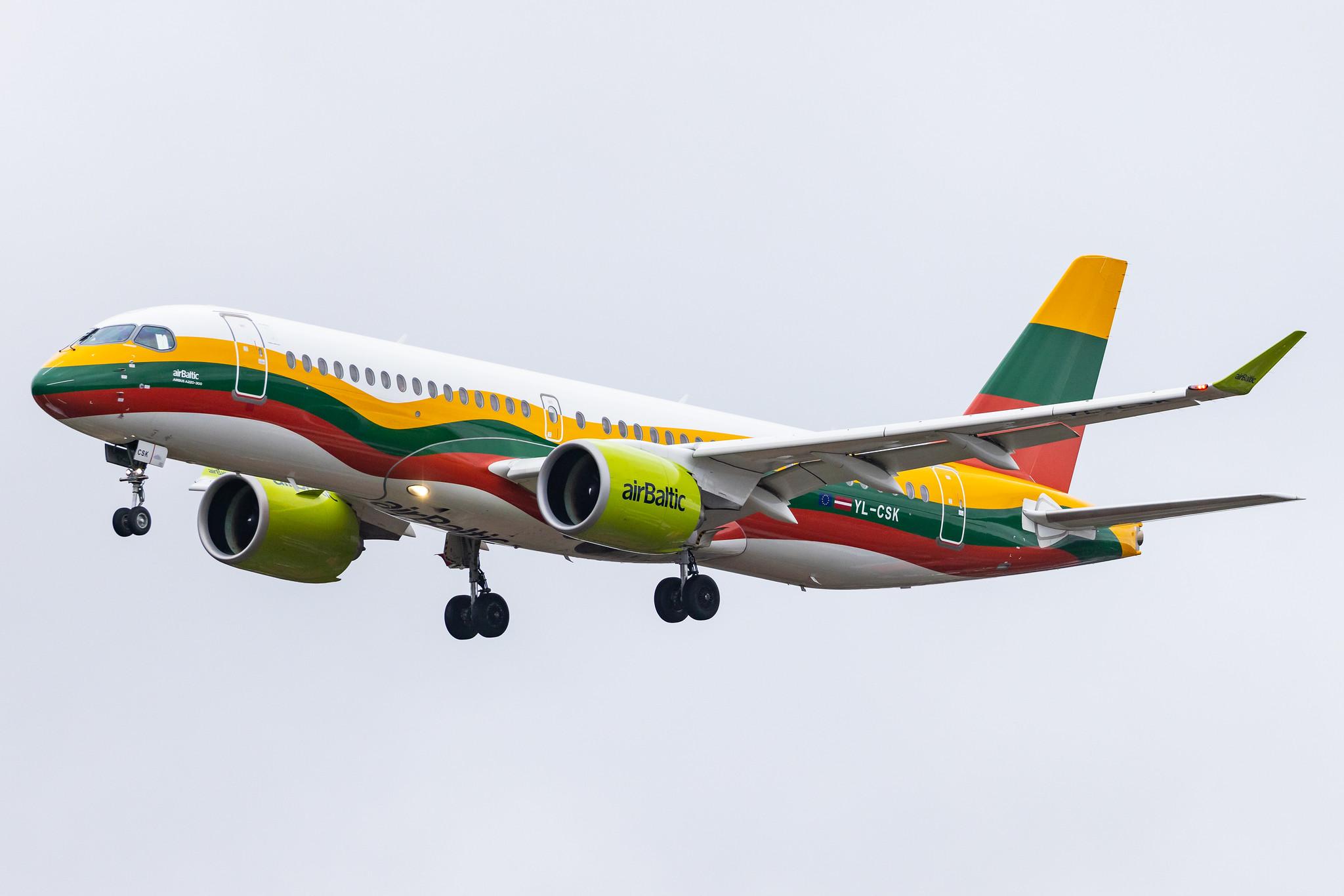 Hamburg Airport: Air Baltic (BT / BTI) |  Livery: Lithuanian Flag Livery |  Airbus A220-300 BCS3 | YL-CSK | MSN 55039
