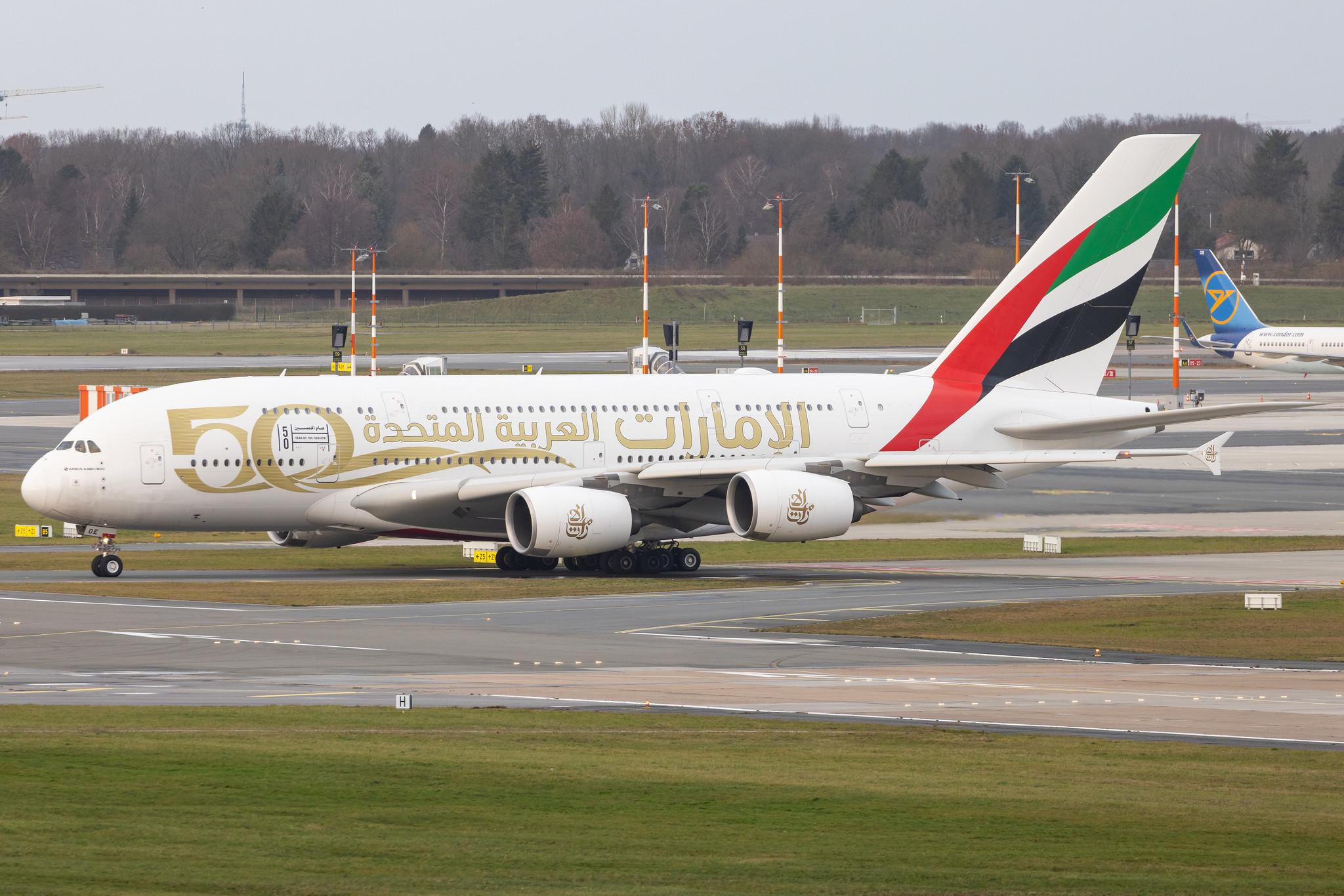 Hamburg Airport: Emirates (EK / UAE) |  Livery: Year of the Fiftieth Livery |  Airbus A380-861 A388 | A6-EOE | MSN 169