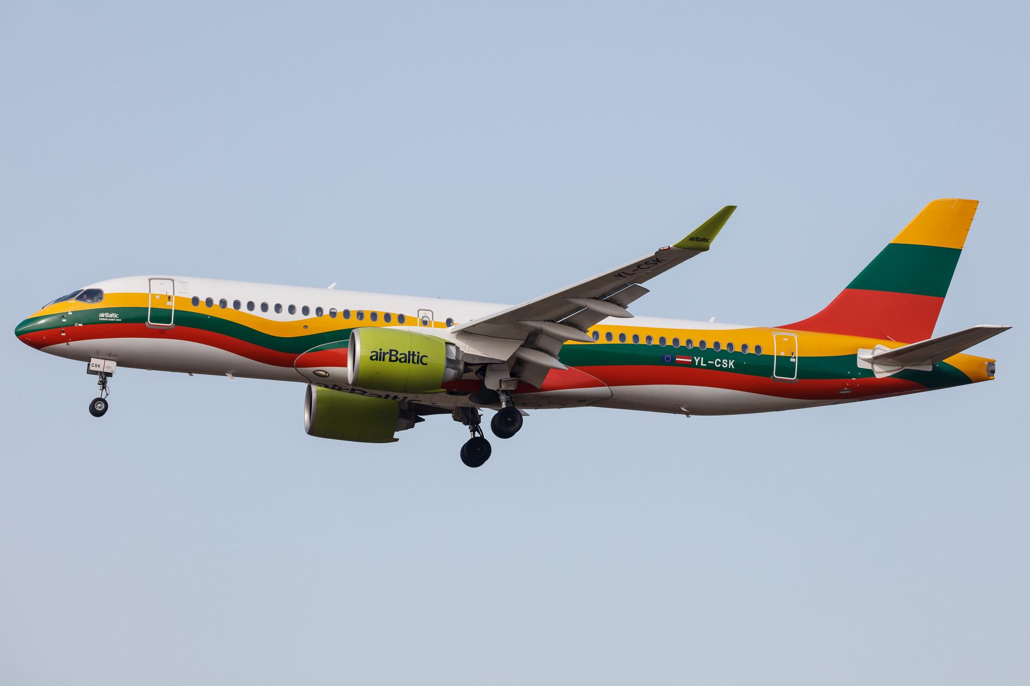 Hamburg Airport: Air Baltic (BT / BTI) |  Livery: Lithuanian Flag Livery |  Airbus A220-300 BCS3 | YL-CSK | MSN 55039