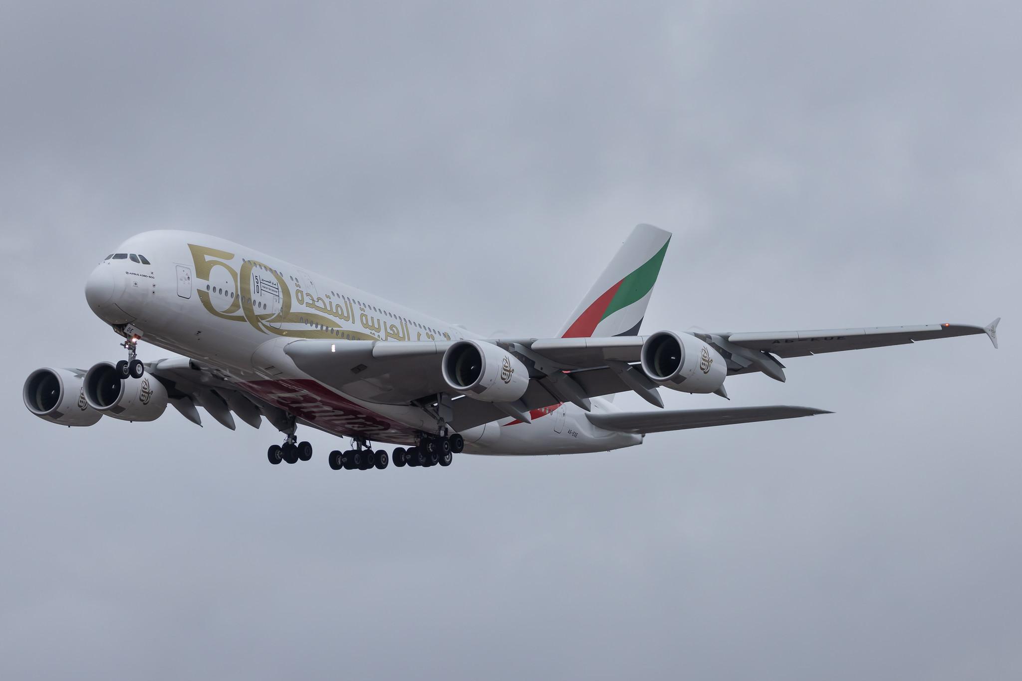 Hamburg Airport: Emirates (EK / UAE) |  Livery: Year of the Fiftieth Livery |  Airbus A380-861 A388 | A6-EOE | MSN 169