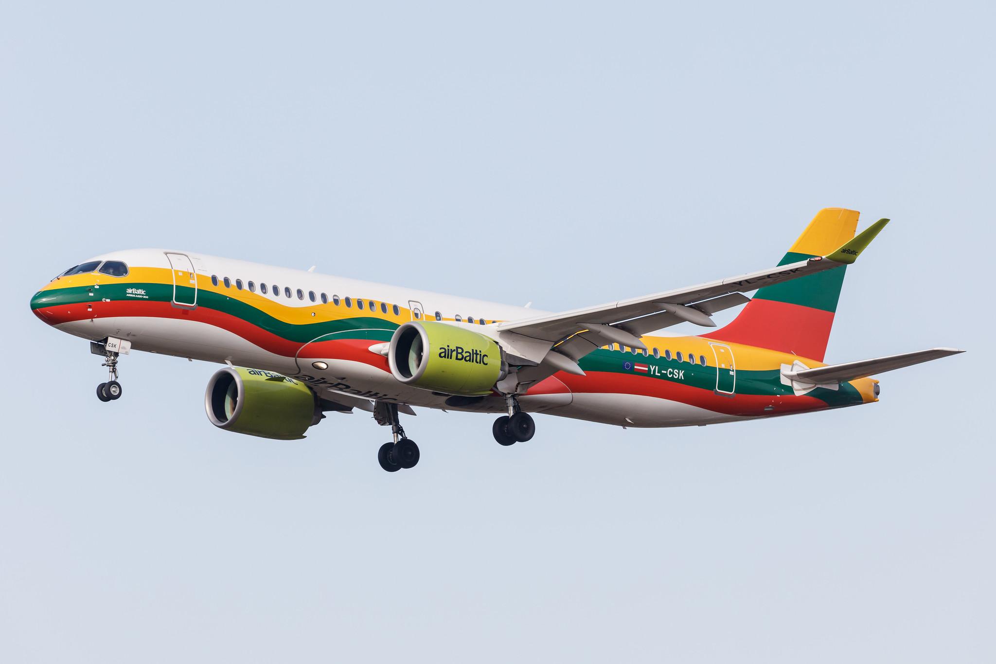 Hamburg Airport: Air Baltic (BT / BTI) |  Livery: Lithuanian Flag Livery |  Airbus A220-300 BCS3 | YL-CSK | MSN 55039