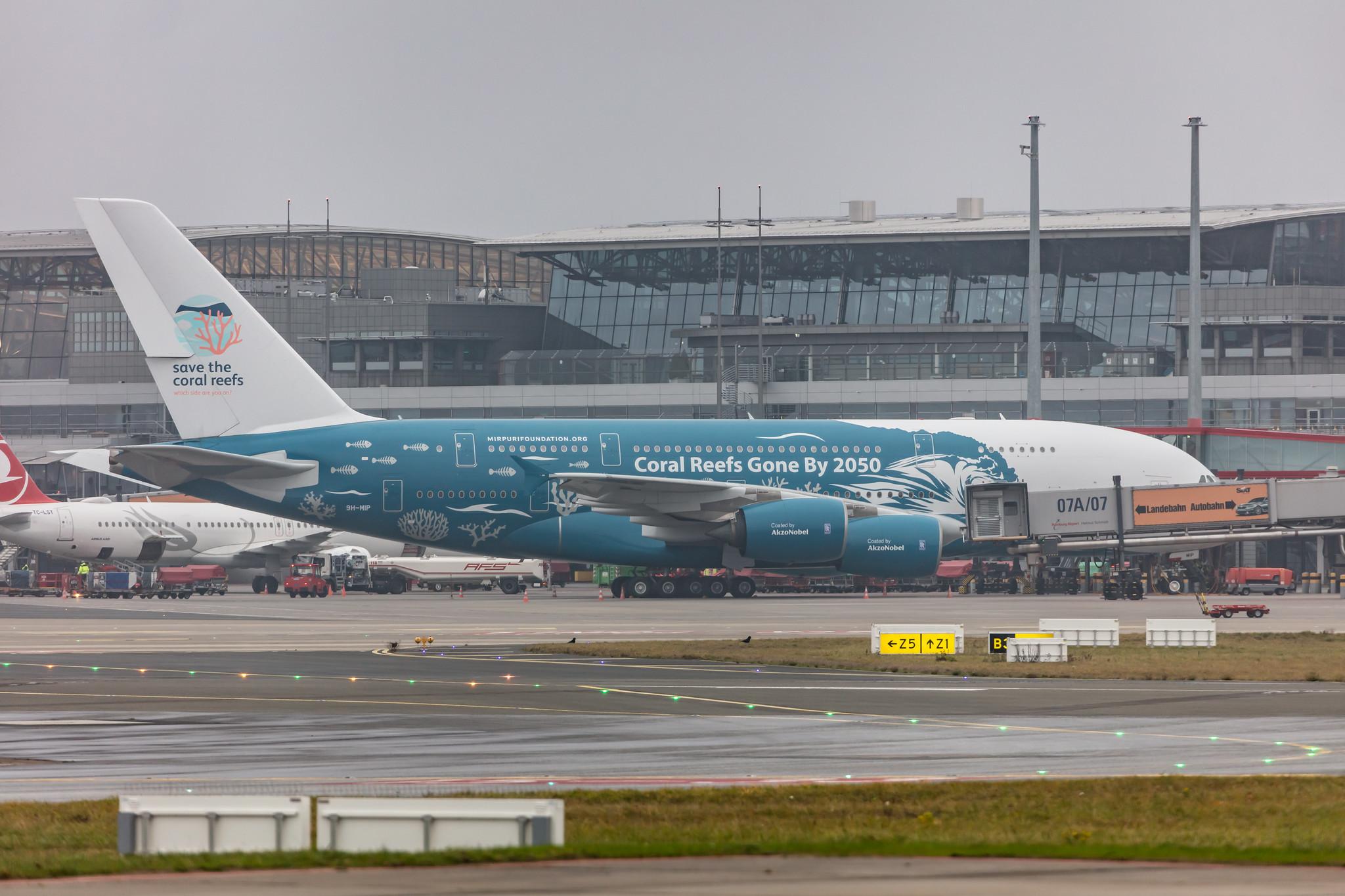 Hamburg Airport: Hi Fly (5K / HFY) |  Livery: Save the Coral Reefs Livery | Operator: Hi Fly Malta |  Airbus A380-841 A388 | 9H-MIP | MSN 006
