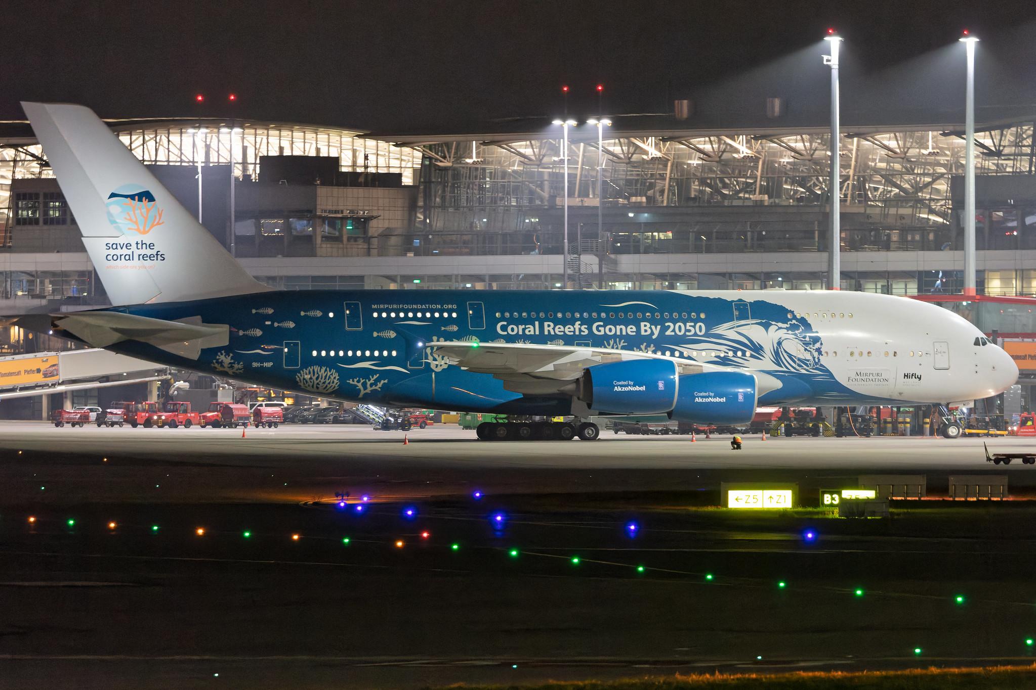 Hamburg Airport: Hi Fly (5K / HFY) |  Livery: Save the Coral Reefs Livery | Operator: Hi Fly Malta |  Airbus A380-841 A388 | 9H-MIP | MSN 006