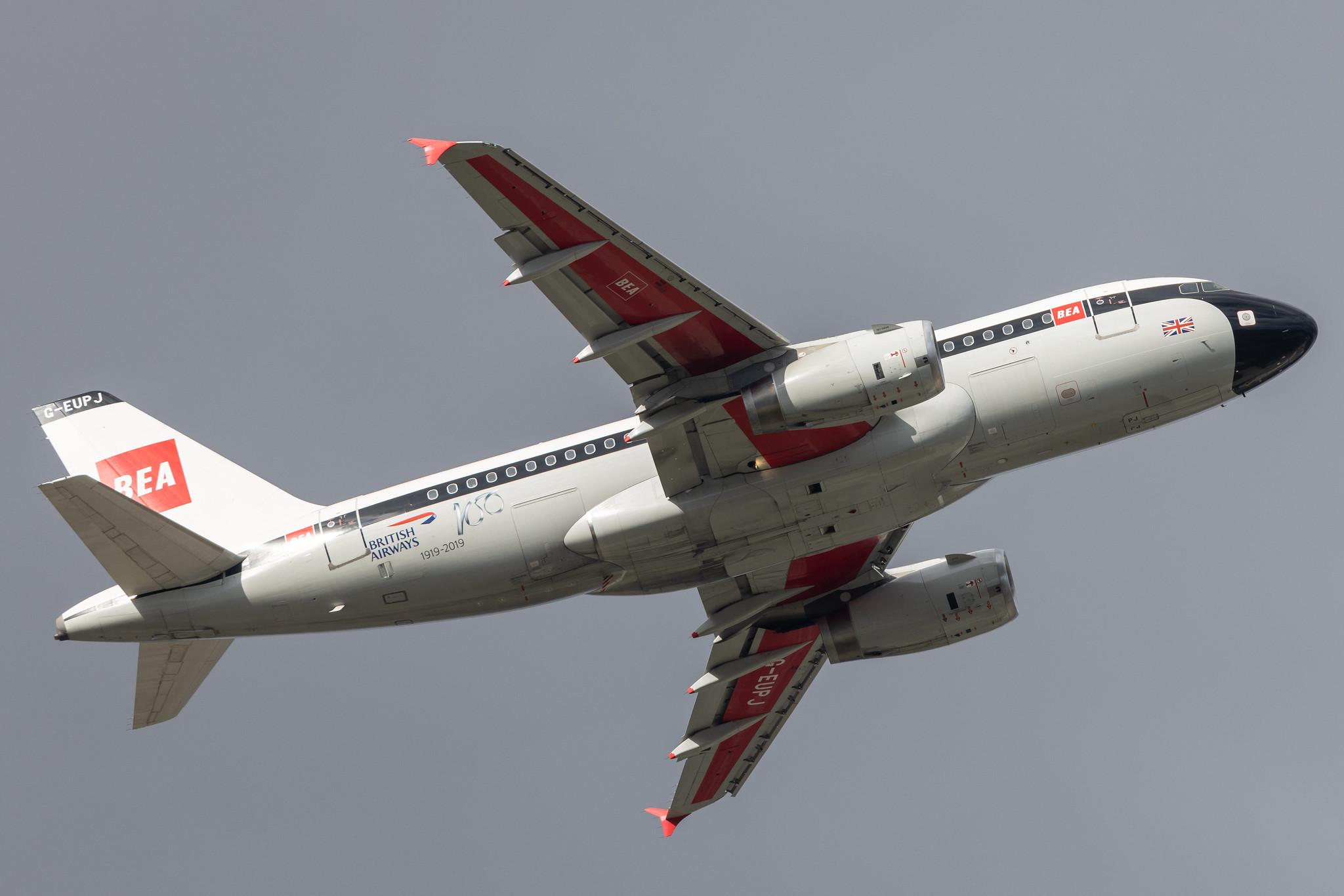 London Heathrow: British Airways (BA / BAW) |  Livery: BEA Retro Livery |  Airbus A319-131 A319 | G-EUPJ | MSN 1232