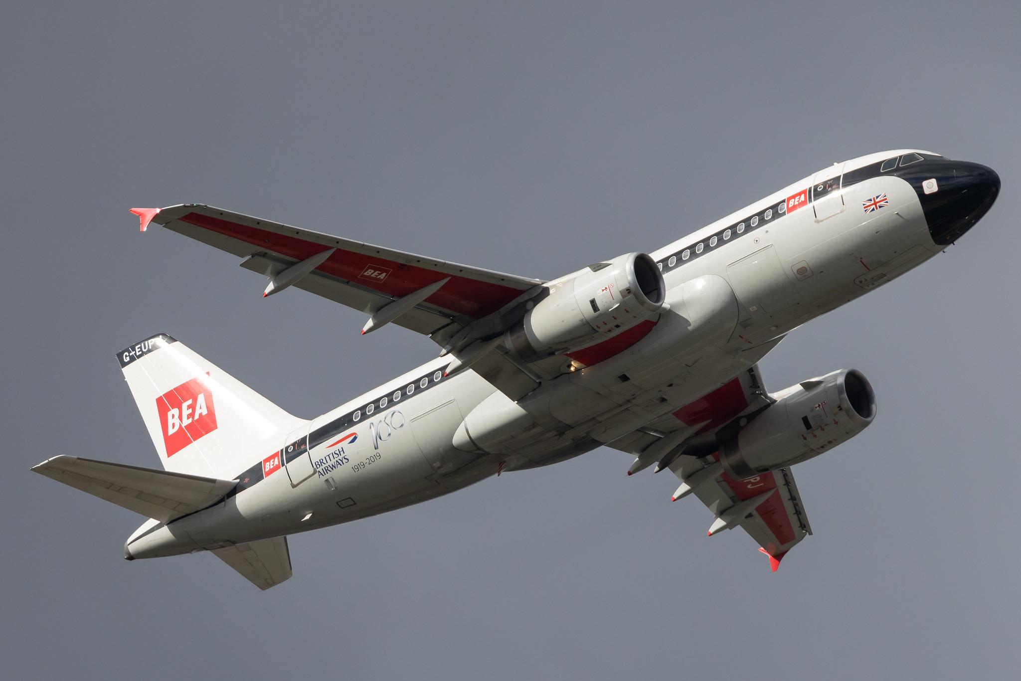 London Heathrow: British Airways (BA / BAW) |  Livery: BEA Retro Livery |  Airbus A319-131 A319 | G-EUPJ | MSN 1232