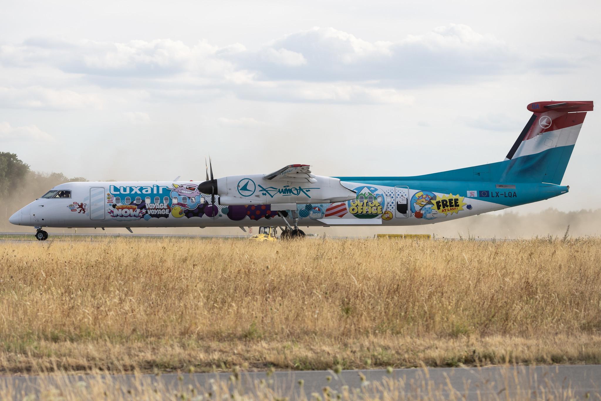 Luxembourg Findel Airport: Luxair (LG / LGL) | Livery: Sumo Artwork's Livery | De Havilland Canada Dash 8-400 DH8D | LX-LQA | MSN 4468