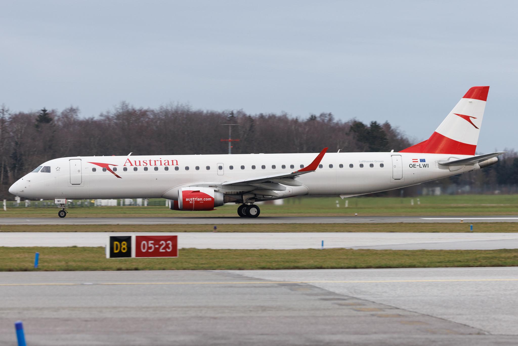 Hamburg Airport: Austrian Airlines (OS / AUA) | Embraer E195LR E195 | OE-LWI | MSN 19000500