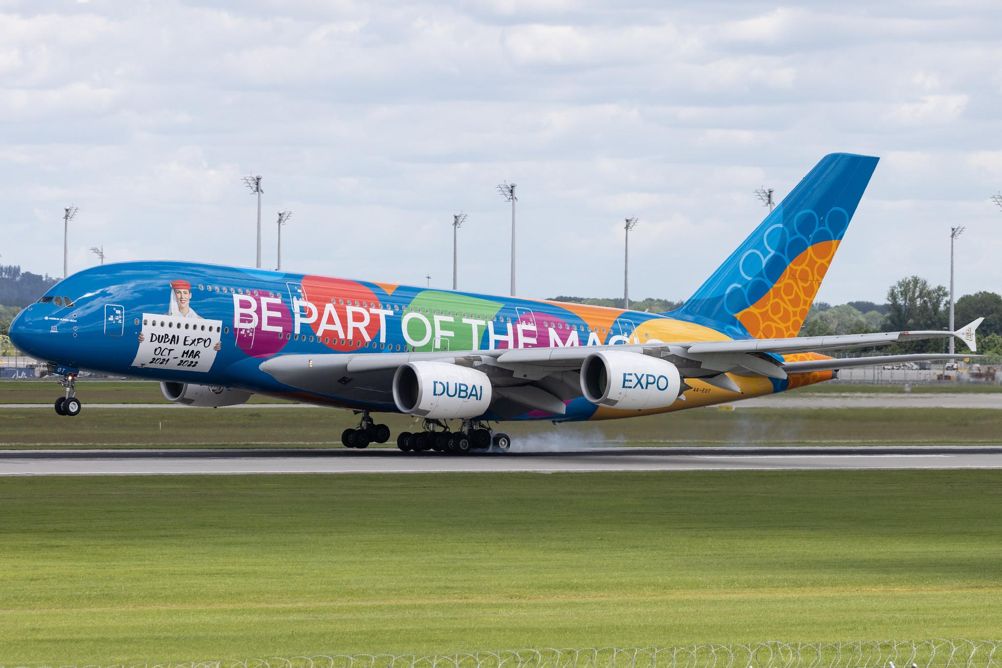 Munich Airport: Emirates (EK / UAE) |  Livery: Destination Dubai Livery |  Airbus A380-861 A388 | A6-EOT | MSN 204