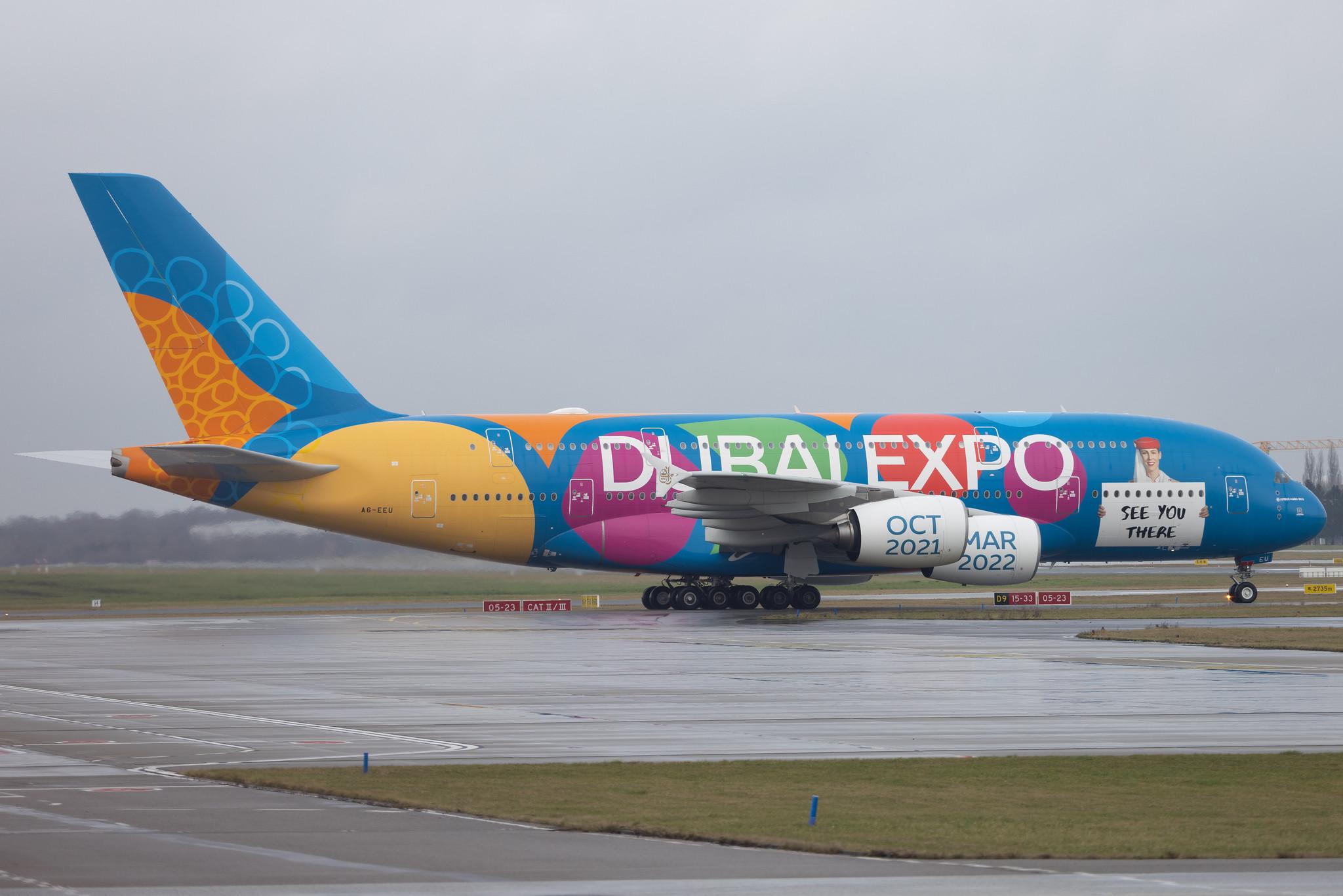 Hamburg Airport: Emirates (EK / UAE) |  Livery: Dubai Expo Livery |  Airbus A380-861 A388 | A6-EEU | MSN 147