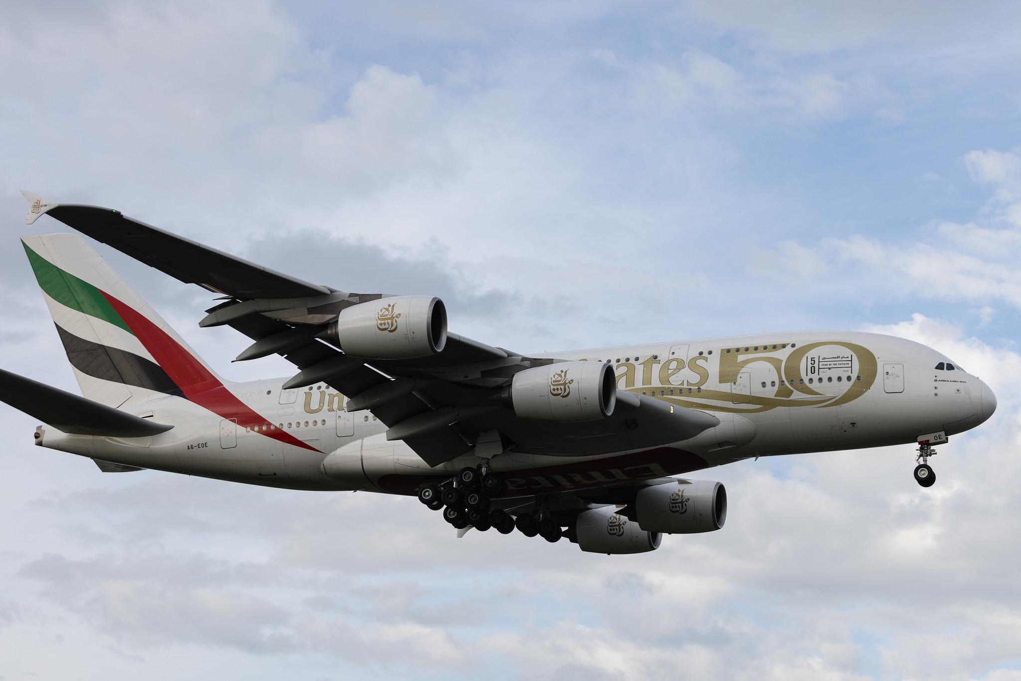 London Heathrow: Emirates (EK / UAE) | Livery: Year of the Fiftieth Livery | Airbus A380-861 A388 | A6-EOE | MSN 169