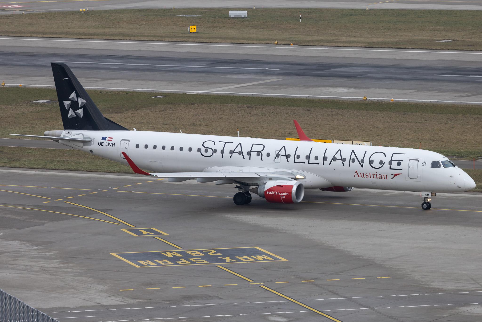 Flughafen Zürich: Austrian Airlines (OS / AUA) | Livery: Star Alliance Livery | Embraer E195LR E195 | OE-LWH | MSN 19000486