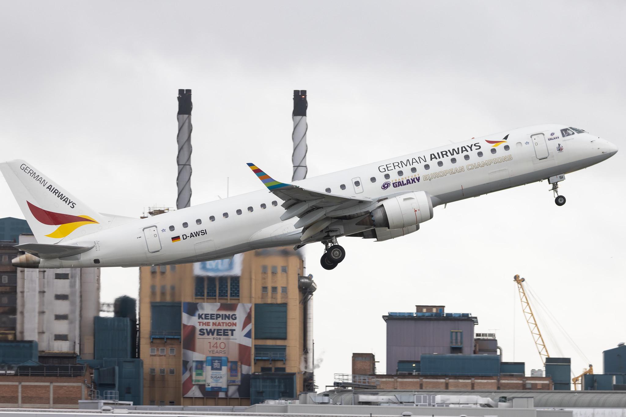 London City Airport: German Airways (ZQ / GER) | Embraer E190LR E190 | D-AWSI | MSN 19000074