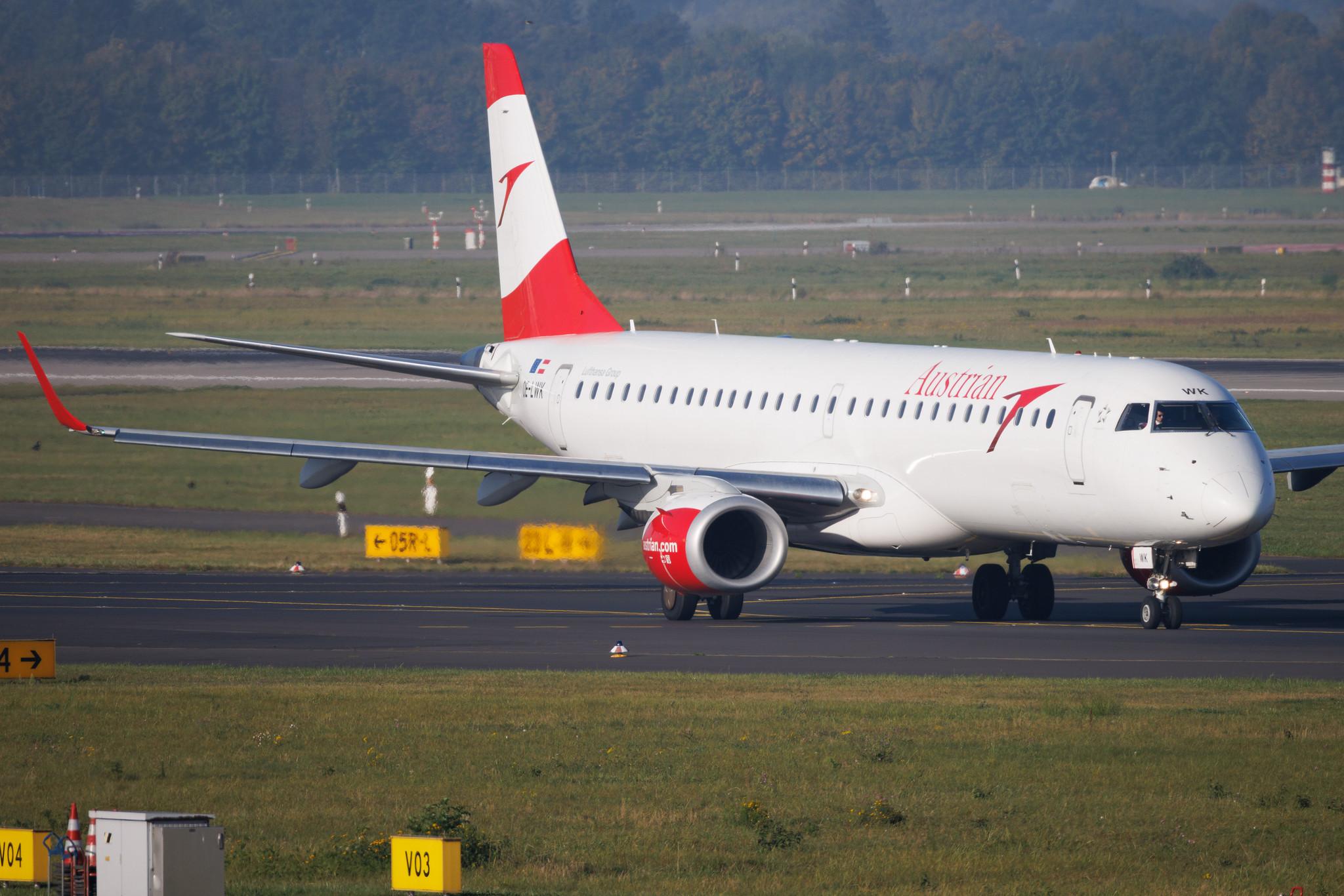 Düsseldorf Airport: Austrian Airlines (OS / AUA) | Embraer E195LR E195 | OE-LWK | MSN 19000523
